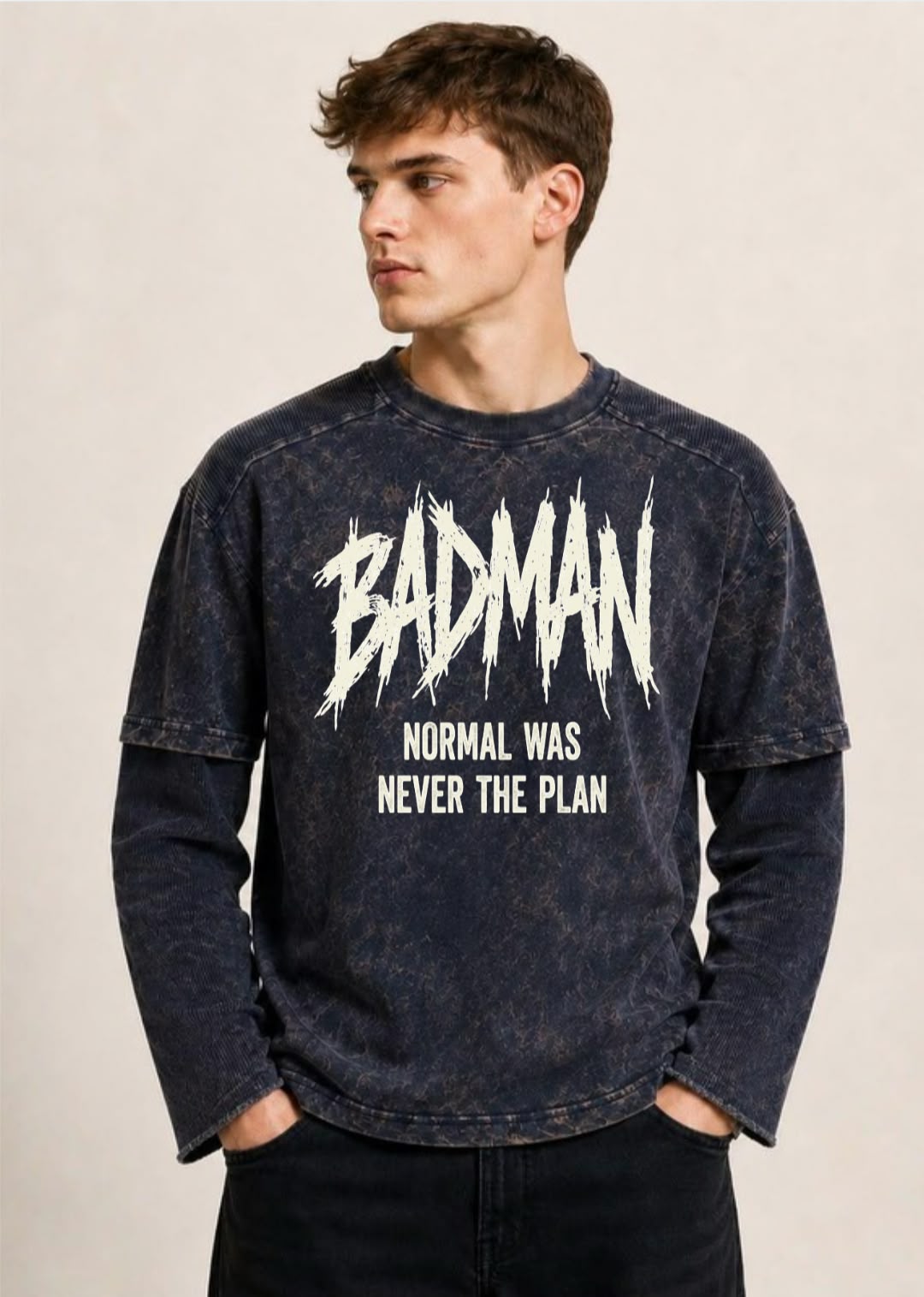 Acid Washed Doctor Sleeve Tee -Navy Blue