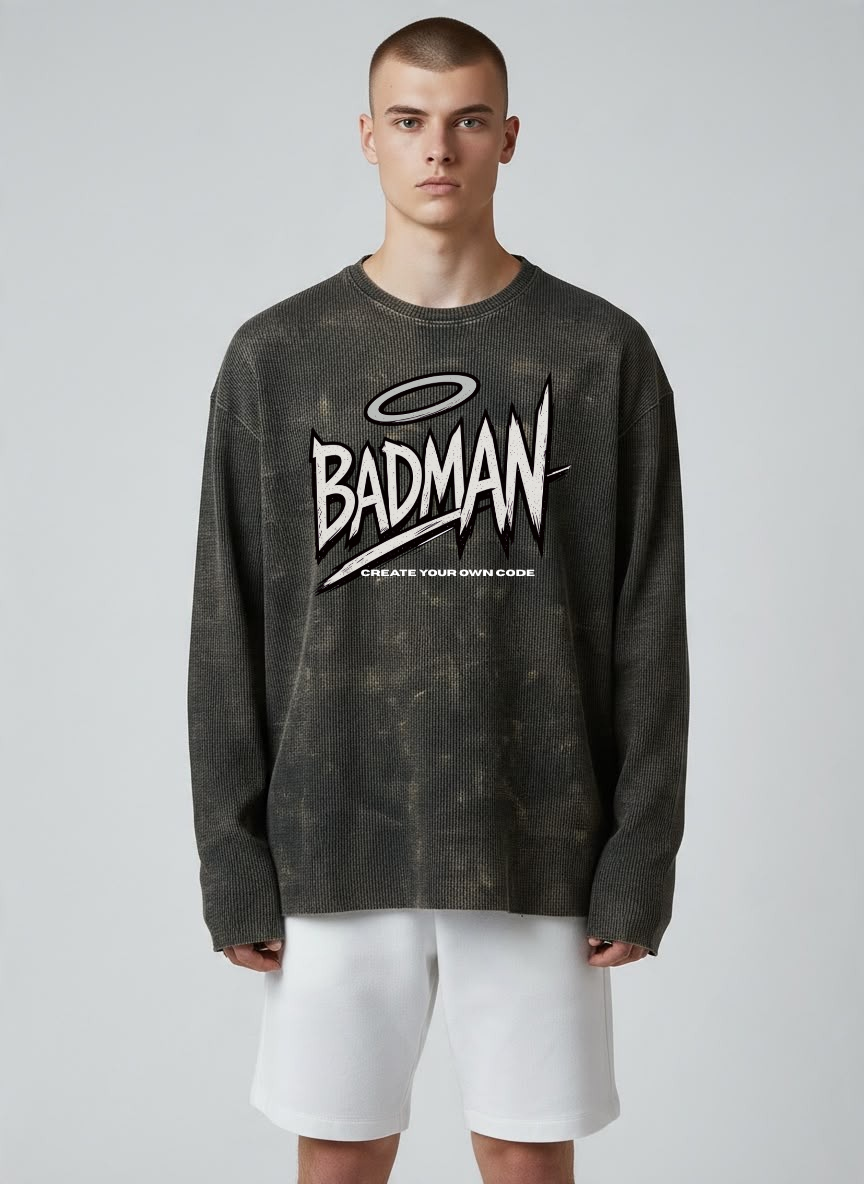 Boxy Fit Acid Washed Waffle Tee -Black