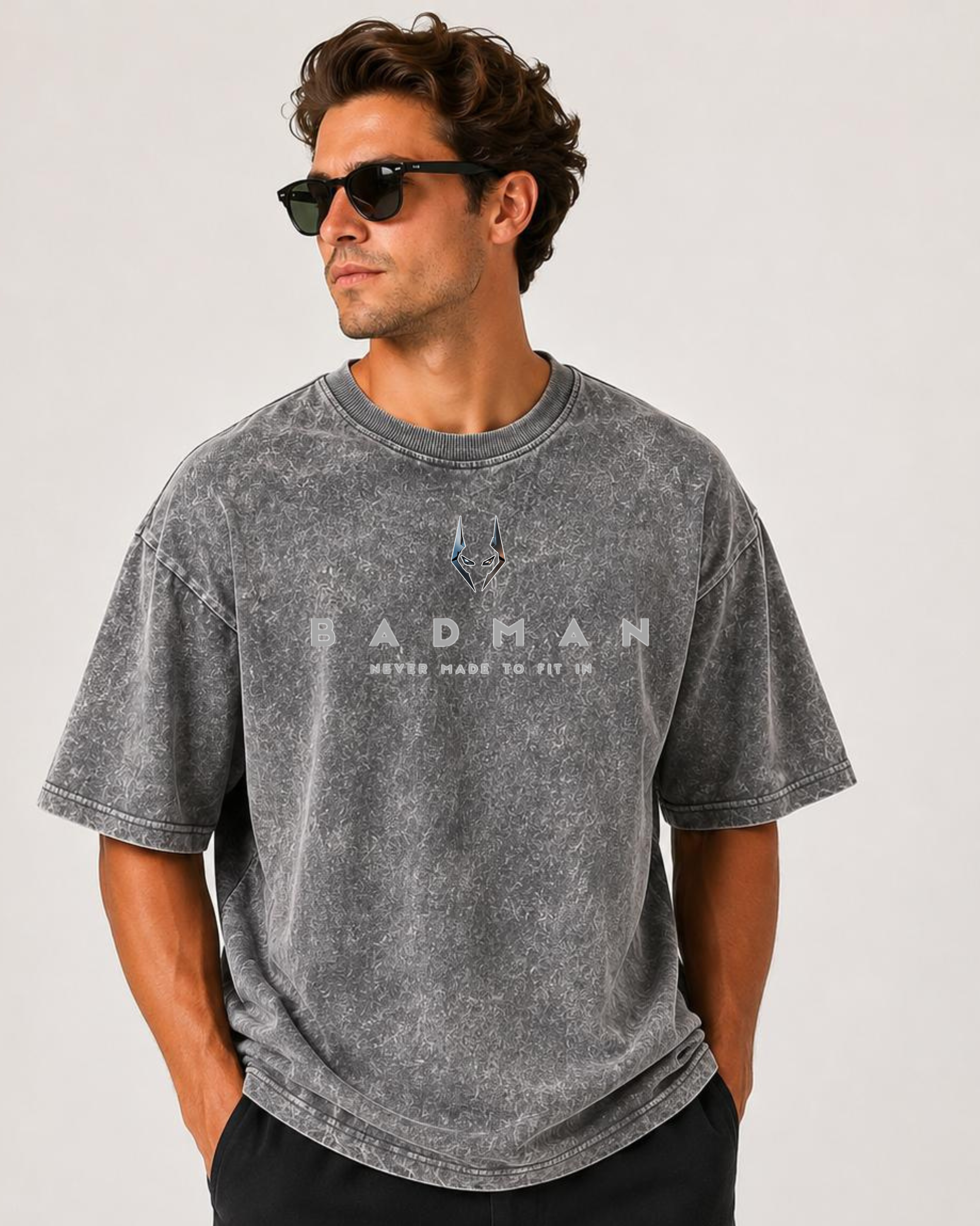 Acid Washed Drop Shoulder Tee -Grey