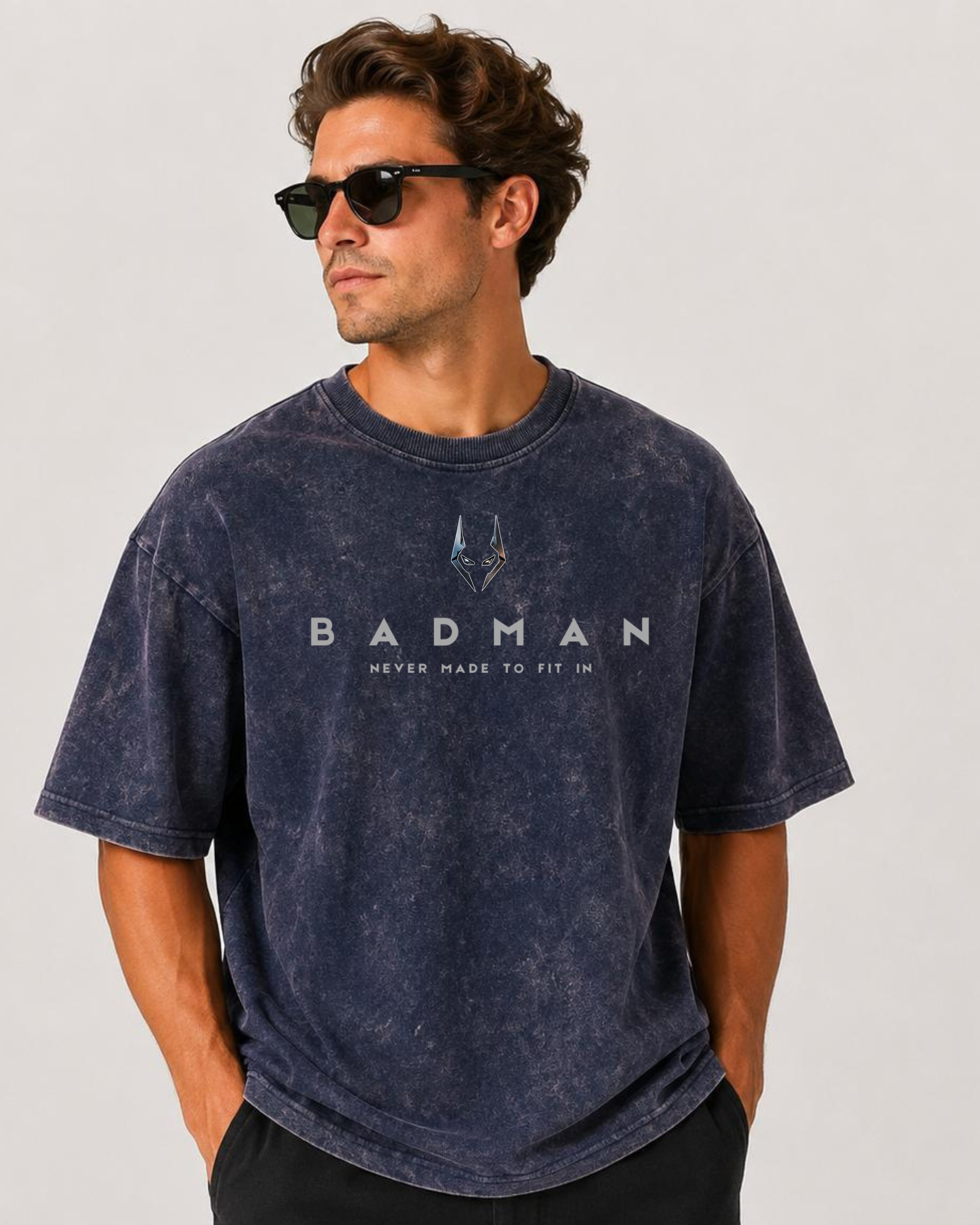 Acid Washed Drop Shoulder Tee -Navy Blue